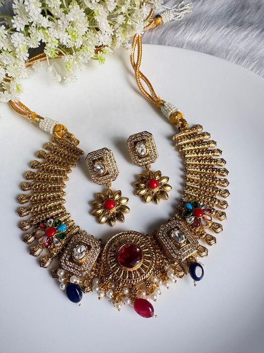 Aaradhya Matt Gold Apala Polish Necklace Set with Multicolor Stones & Earrings