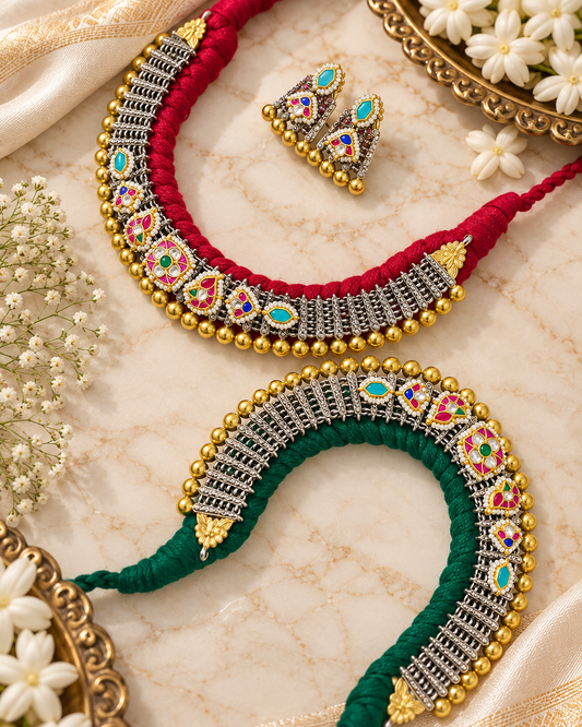 Vasundhara Ratnavali German Silver Meenakari Necklace Set with Earrings | Multicolour Traditional Indian Jewellery