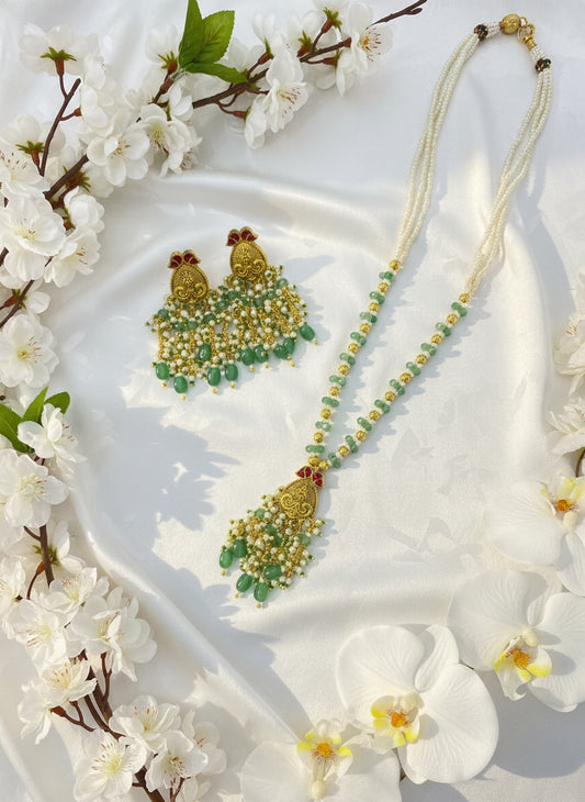 Apsara Pushpa Heritage Beaded Necklace Set | Green & Pearl Fusion | Antique Traditional Jewelry