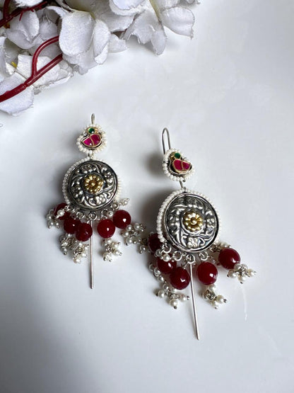 Mriganayani Dual Tone SLA Kundan Needle Earrings | Silver Look Pearl Beaded Ethnic Earrings for Women