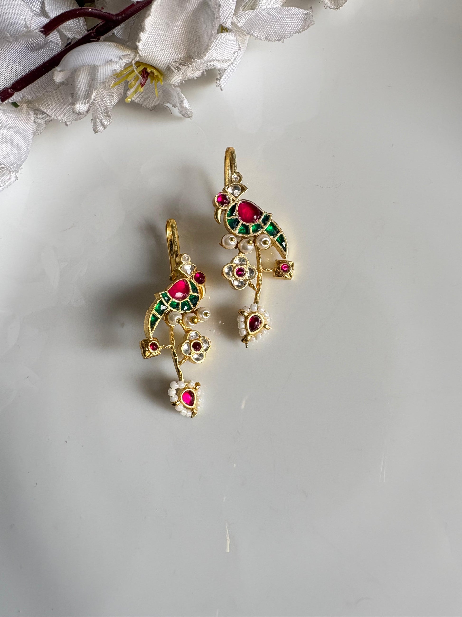 Mayurika Kundan Handmade Earclip| Handmade Peacock Kundan Earclip | Premium Gold Temple Statement Earring | Alankrent Luxe by Alankrent