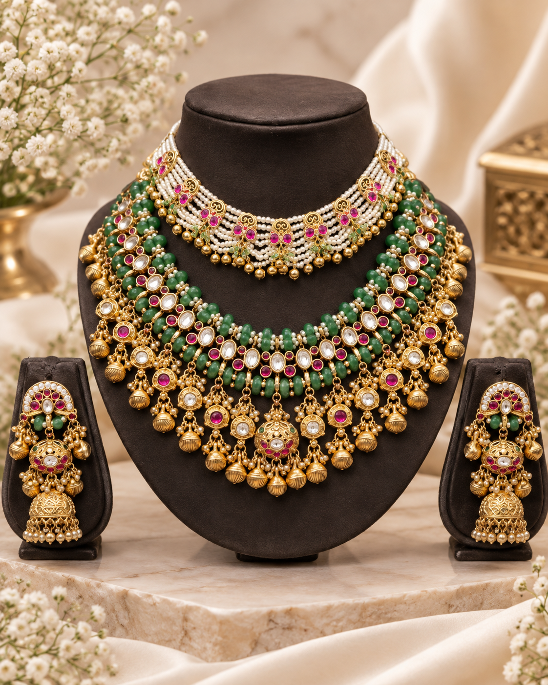Rukmini Rajashri Bridal Haar|Bridal Kundan Necklace Set with Short Choker, Long Rani Haar & Long Earrings | Green Pearl Traditional Indian Bridal Jewellery
