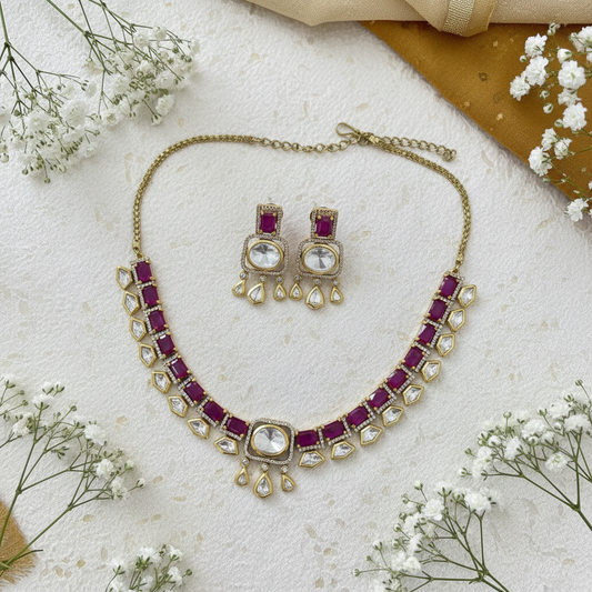 Victorian Ruby Crystal Necklace Set With Geometric Drops Matching Earrings Elegant Bridal Jewellery by Alankrent