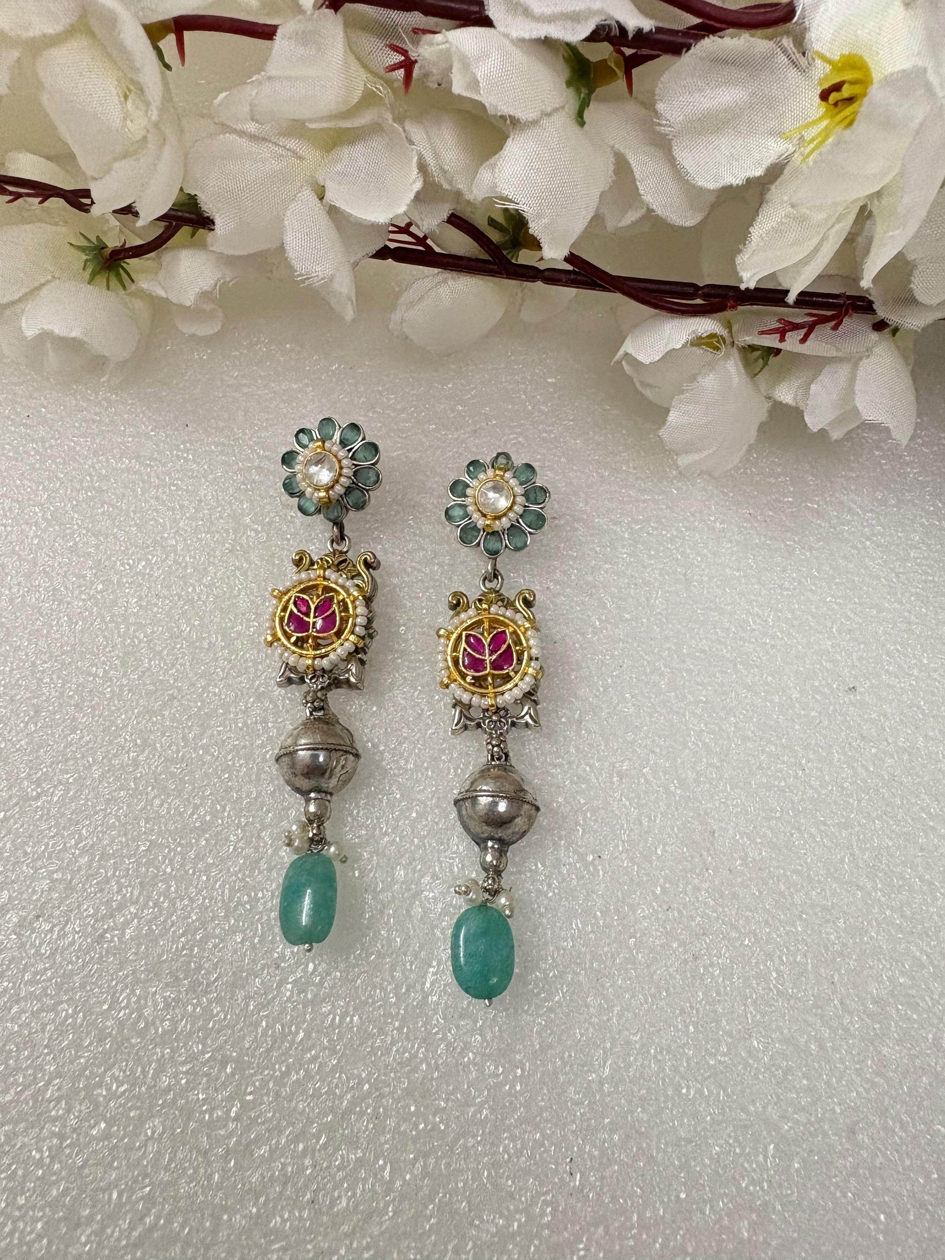 Aarohi Long Kundan Earrings | Kundan Fusion Stone Earrings Online - Alankrent Luxe