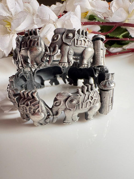Gajveer Premium German Silver Openable Elephant Kada | Oxidised Tribal Statement Bracelet | Standard Size 2.6