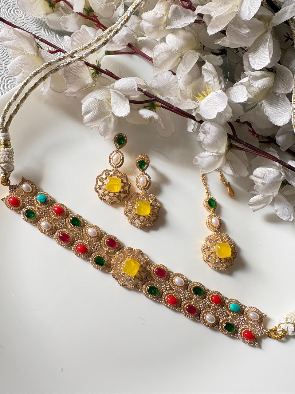 Yellow Zircon Diamond Choker Set with Maang Tikka & Earrings