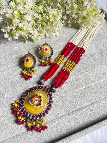 Aarohi Rangmala Kundan Fusion long Pearl Necklace with Earrings | Premium Navratri Jewellery