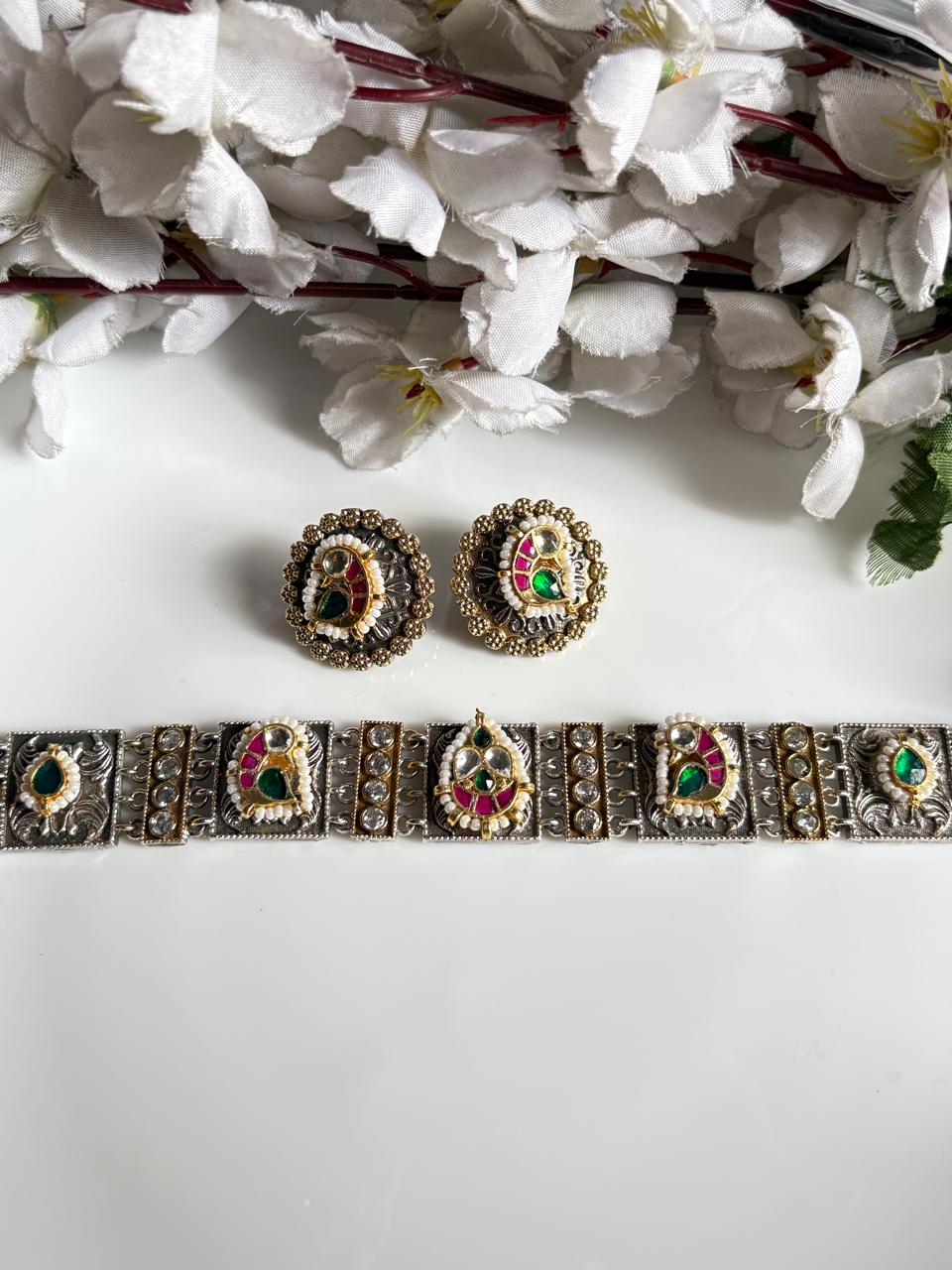 Aarohi Kundan Fusion SLA Necklace Set with Earrings | Navratri and Casual Fusion Jewellery