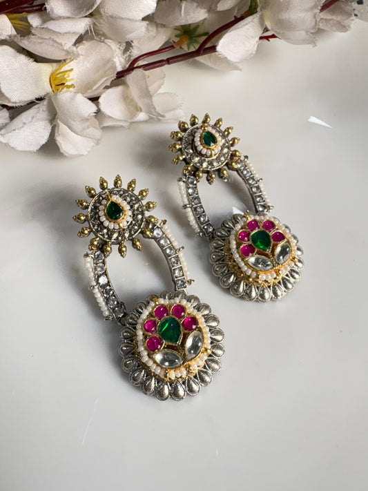Dual Tone Sla Kundan Fusion Earrings Premium Ethnic Statement Earrings Ready Stock Alankrent Ak Er - Alankrent Luxe