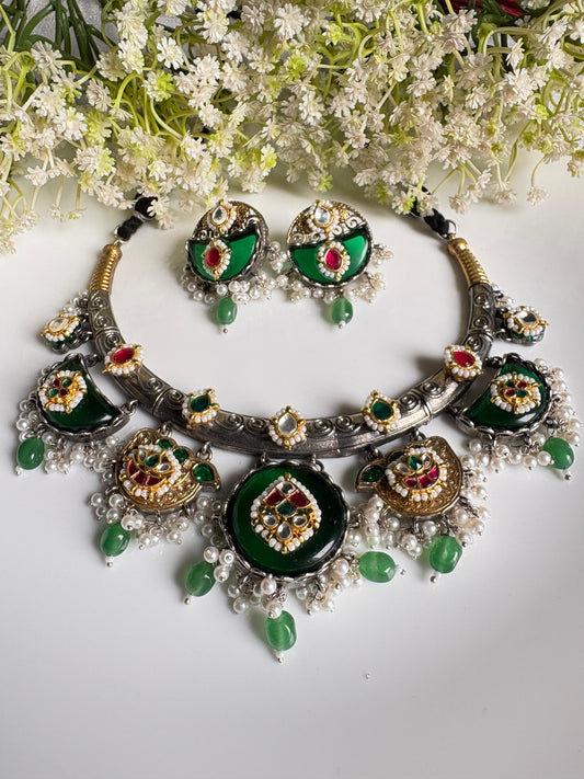Haritara Kundan Fusion Hasli Necklace Set with Earrings | Green Dual Tone SLA Jewellery