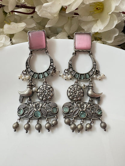 ELVORA Silver Look Statement Earrings with Bird Motif | Designer Ethnic Earrings