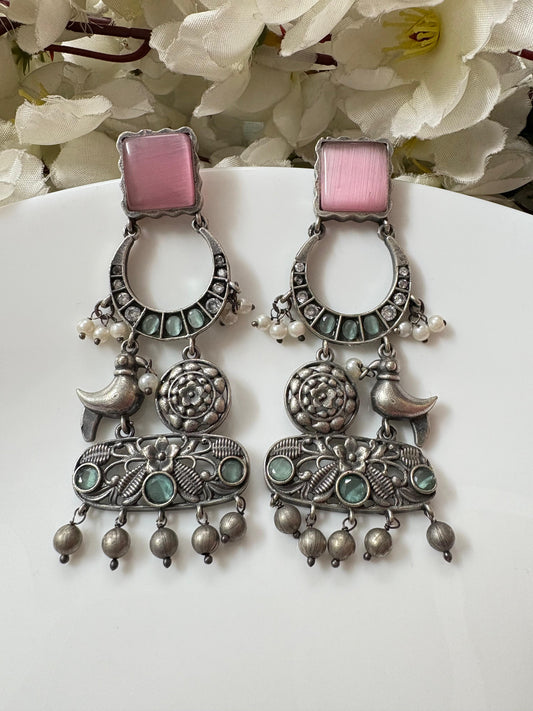 ELVORA Silver Look Statement Earrings with Bird Motif | Designer Ethnic Earrings