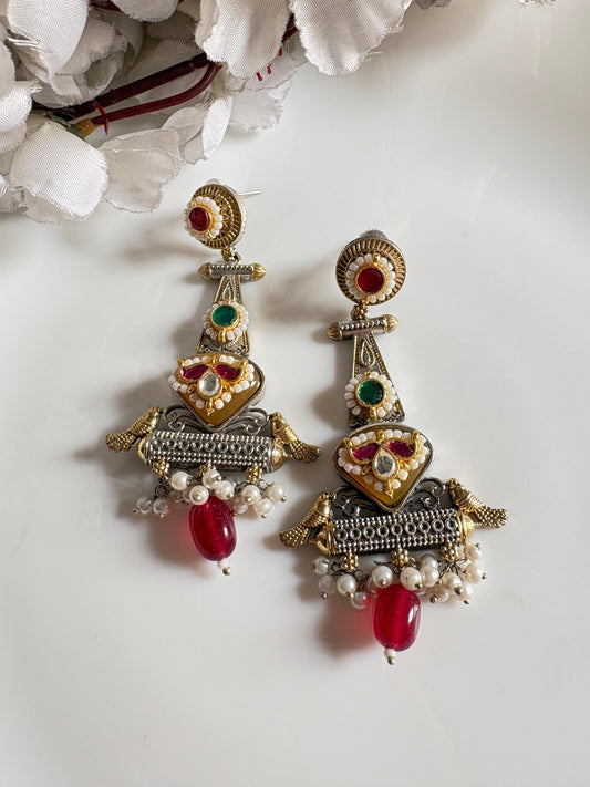 Gulnaar Pakshi Dualtone Kundan Earrings with Pearl Hangings & Pink Stone Drop | Festive Statement Jewellery | Alankrent