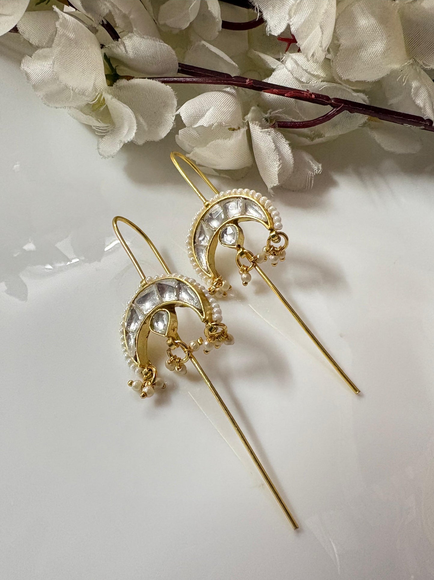 Chaandrika SLA Needle Kundan Earrings – Premium Crescent Moon Fusion Pearl Earrings