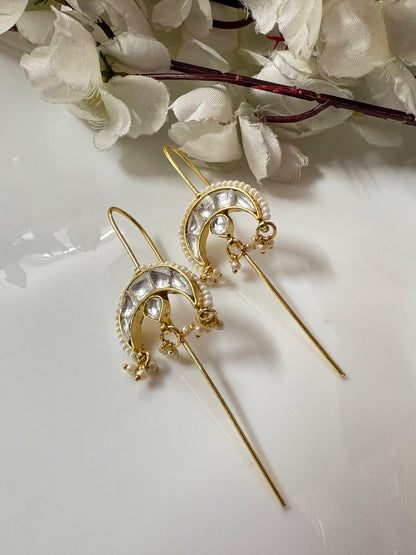 Chaandrika SLA Needle Kundan Earrings – Premium Crescent Moon Fusion Pearl Earrings