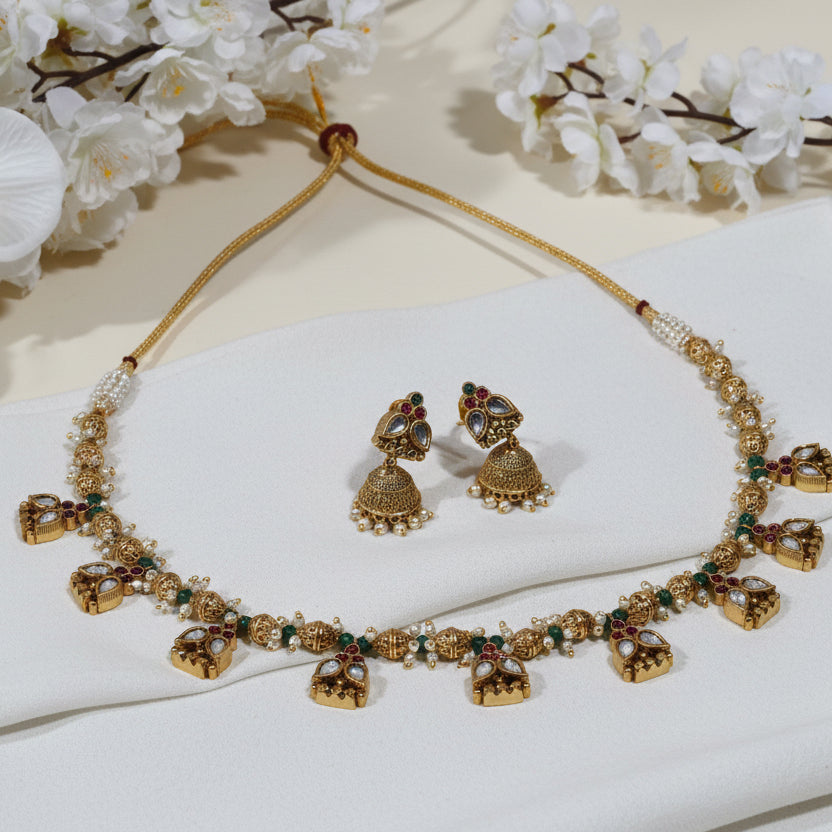 Royal Petals Jadtar Kundan Necklace Set with Green Beads & Pink Stone Drops | Traditional Gold Bridal Jewellery – Alankrent
