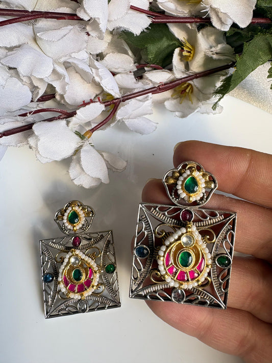 Square Kundan Stone SLA Fusion Earrings with Pearl Detailing | Traditional Statement Earrings