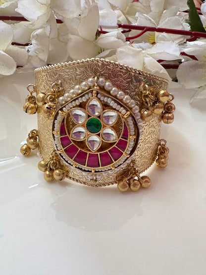 Broad Gold Kundan Handcuff with Ghungroos - Meenakari Kada