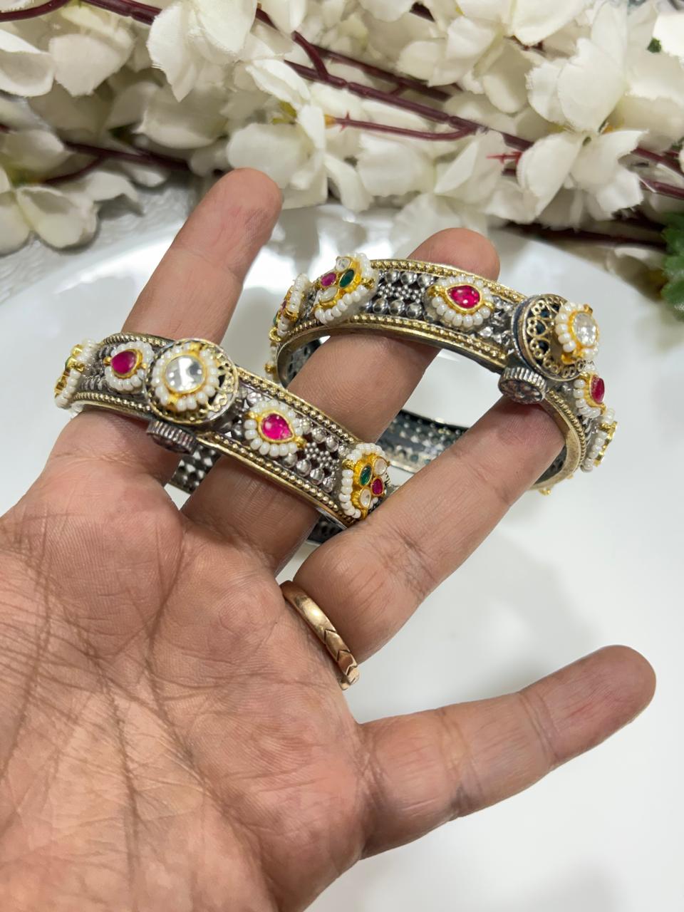 Rajpriya Kundan Fusion Dual Tone Premium SLA Openable Kada – Brass Ethnic Designer Bangle for Women | 2.6 Size