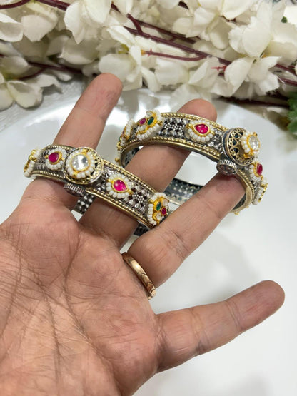 Rajpriya Kundan Fusion Dual Tone Premium SLA Openable Kada – Brass Ethnic Designer Bangle for Women | 2.6 Size
