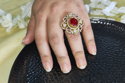 Meherza Polki Moissanite Red Stone Ring with CZ Diamonds Adjustable Statement Ring  | Moissanite Jewellery India | Premium Indian Jewellery