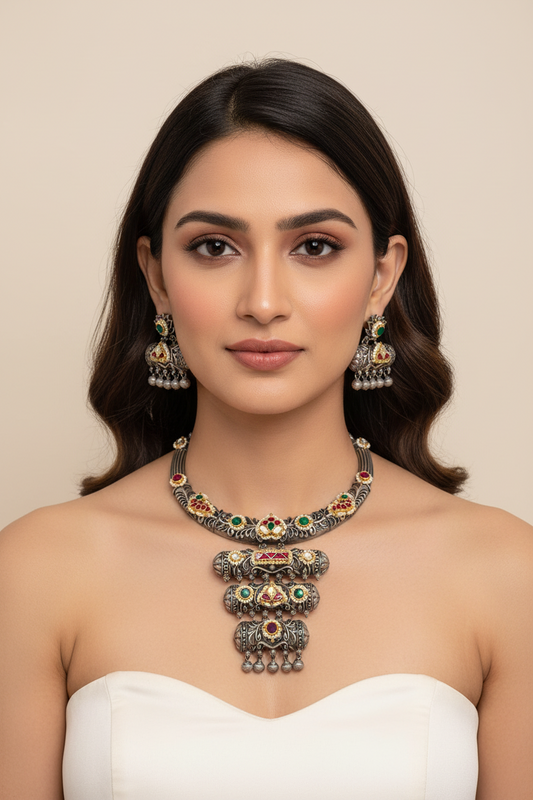 Limited Edition Kundan Hasli Necklace With Earrings Sla Silver Look Alike Finish Alankrent Ak Kh by Alankrent