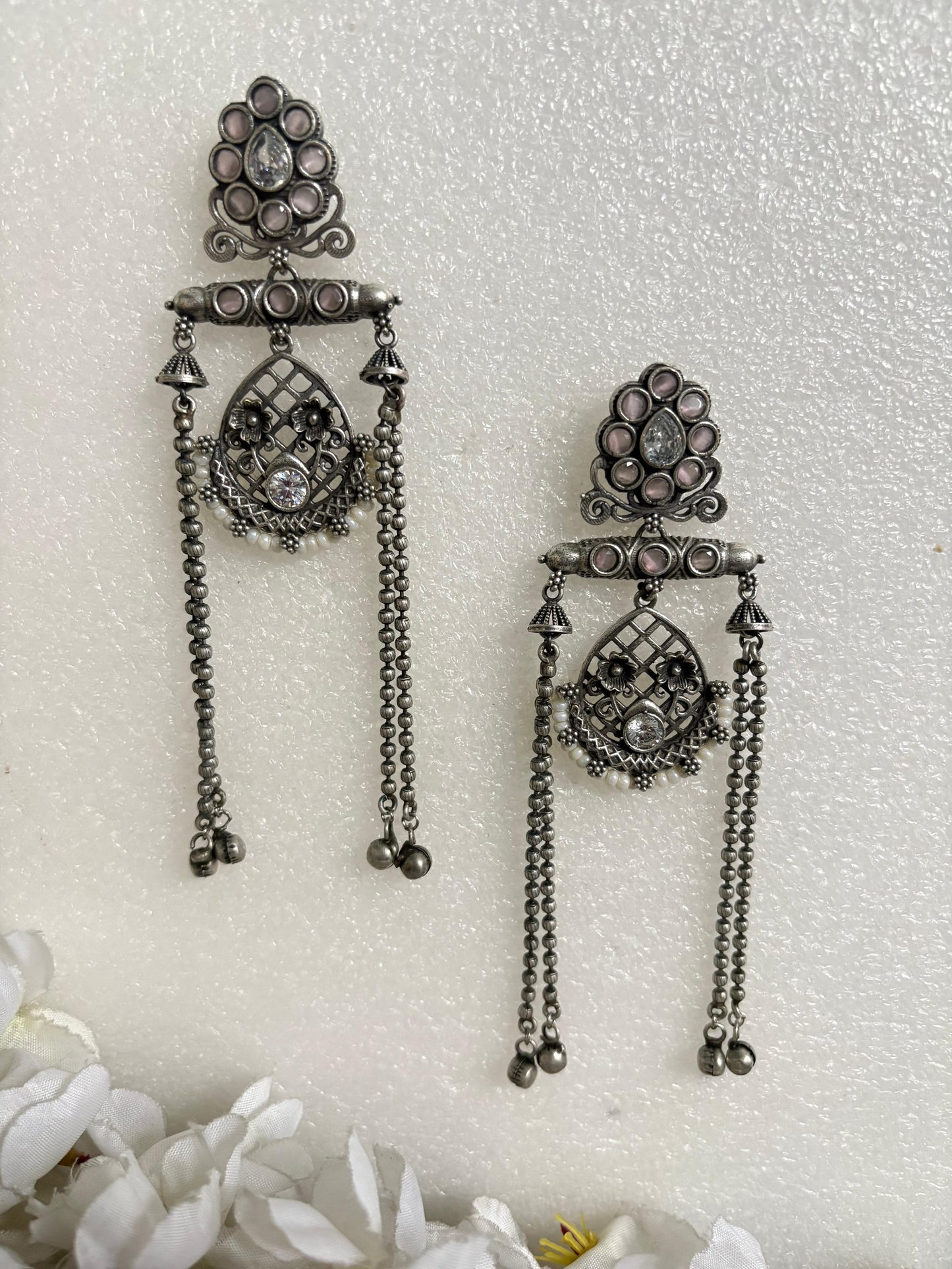 Noor Antique Stone Tassel Earrings
Handcrafted Antique Silver Long Earrings | Stone Tassel Earrings | Heritage Statement Jewellery