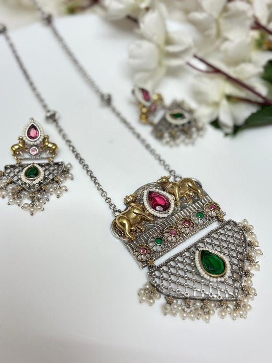 Heritage Dual-Tone Temple Necklace Set with Emerald & Ruby Accents | Alankrent