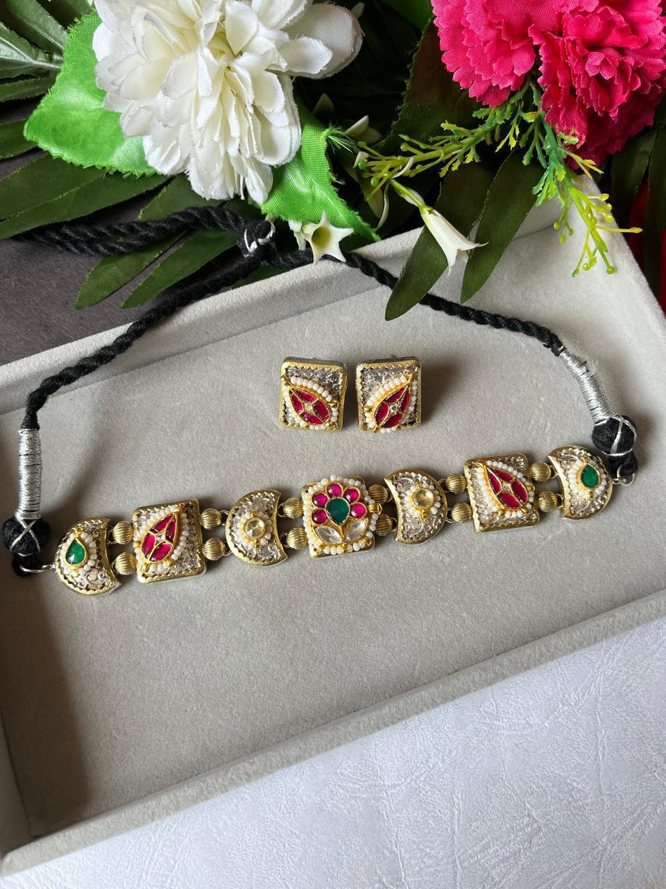 Riwaayat Dual Tone Kundan Choker with Earrings | Premium Ethnic Jewellery