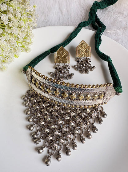 Vasudha Premium Dualtone Handmade SLA Thread Hasli with Statement Earrings