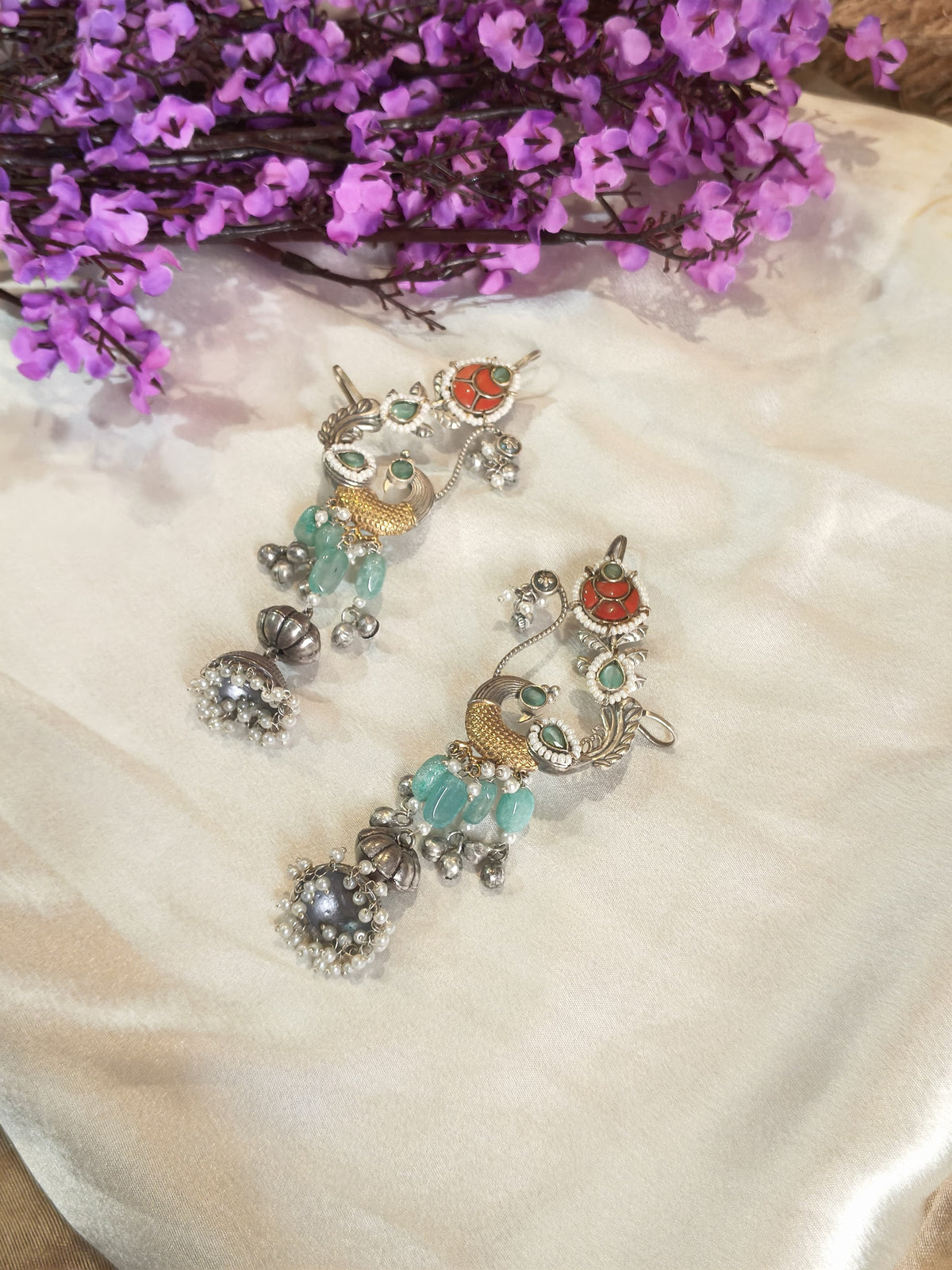Mayurika Jadau Kundan Peacock Earcuff with Pearl Drop Jhumka