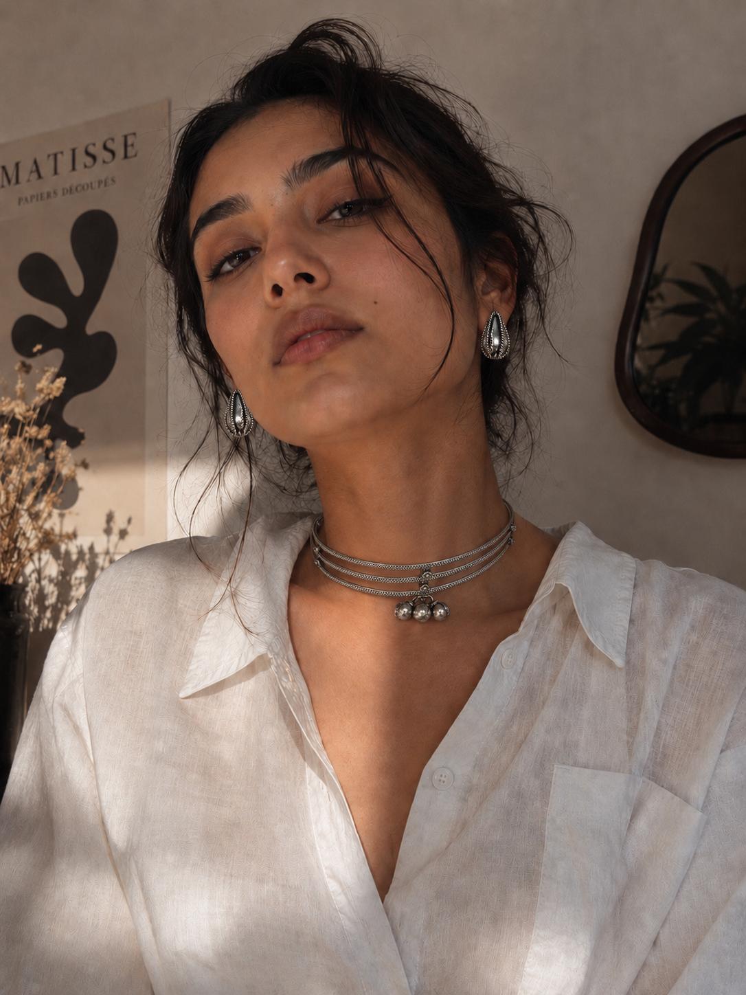Ragini Antique Silver Layered Ghungroo Choker Necklace | Adjustable Ethnic Statement Necklace