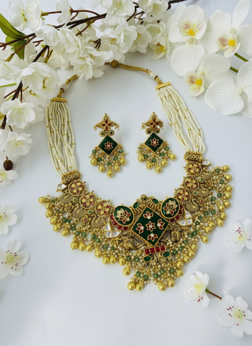 Royal Bridal Meenakari Pearl Necklace Set | Handcrafted Kundan Heritage Haram with Green Enamel & Statement Earrings