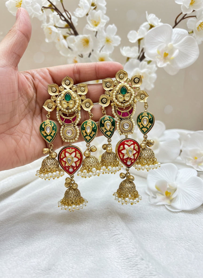 Royal Meenakari Lotus Jhumki Collection | Handcrafted Kundan & Enamel Earrings