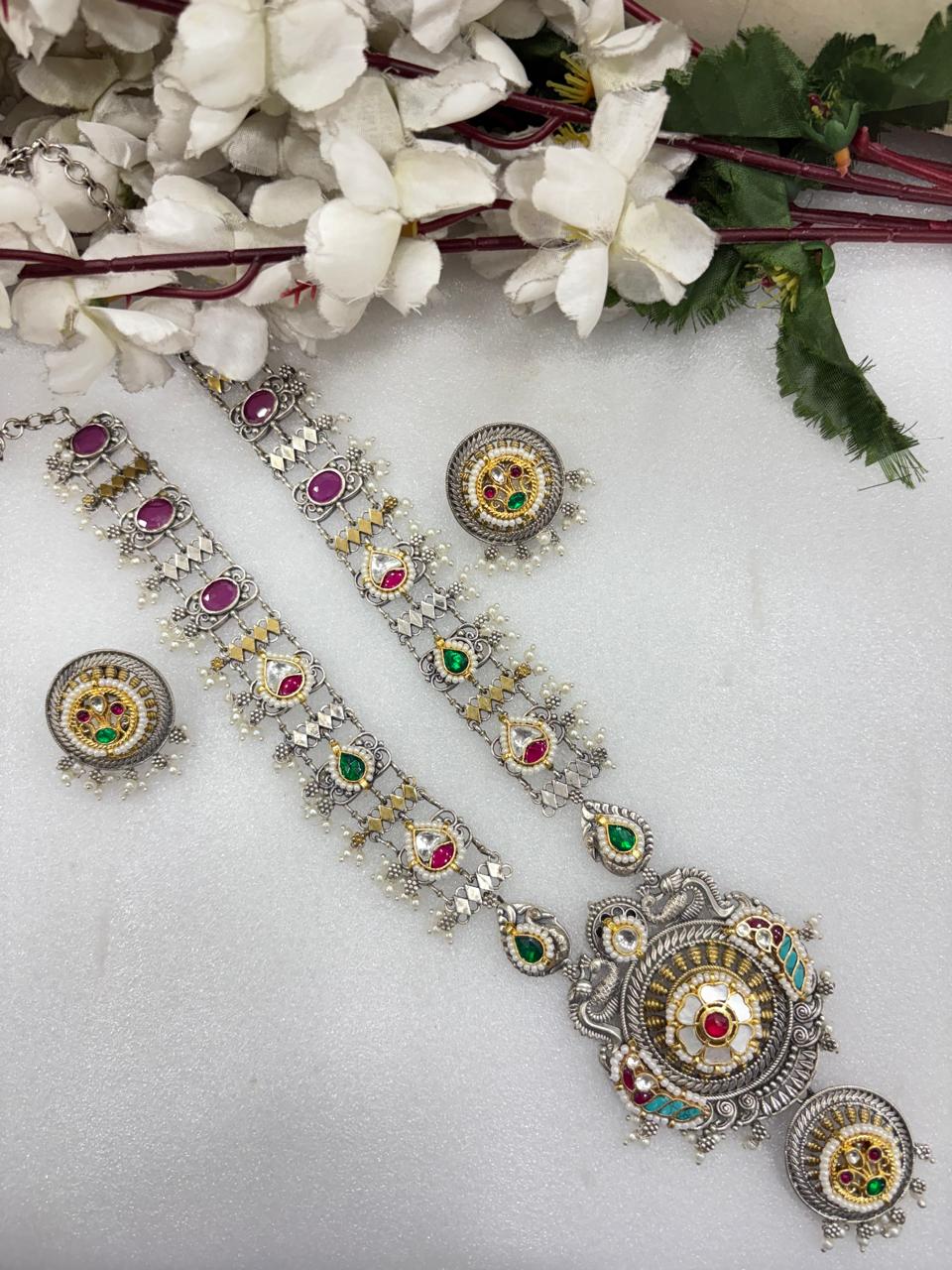 Rajmohini Kundan Fusion Dual Tone Necklace Set with Earrings | SLA Jewellery