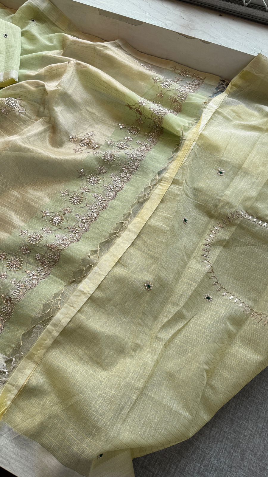Premium Tissue Silk Banarasi Saree | Handcrafted Zardozi, Gota Patti & Pearl Work