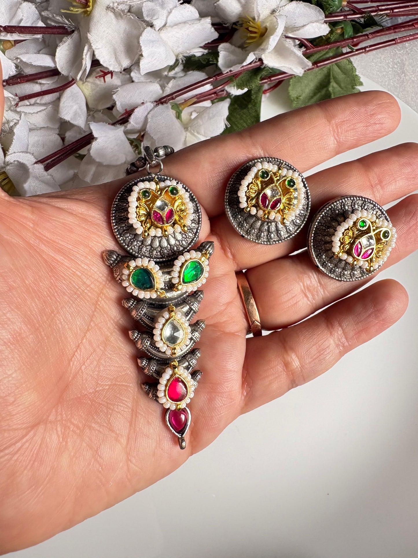 Rudrani German Silver Long Kundan Fusion Pendant Necklace with Round Earrings