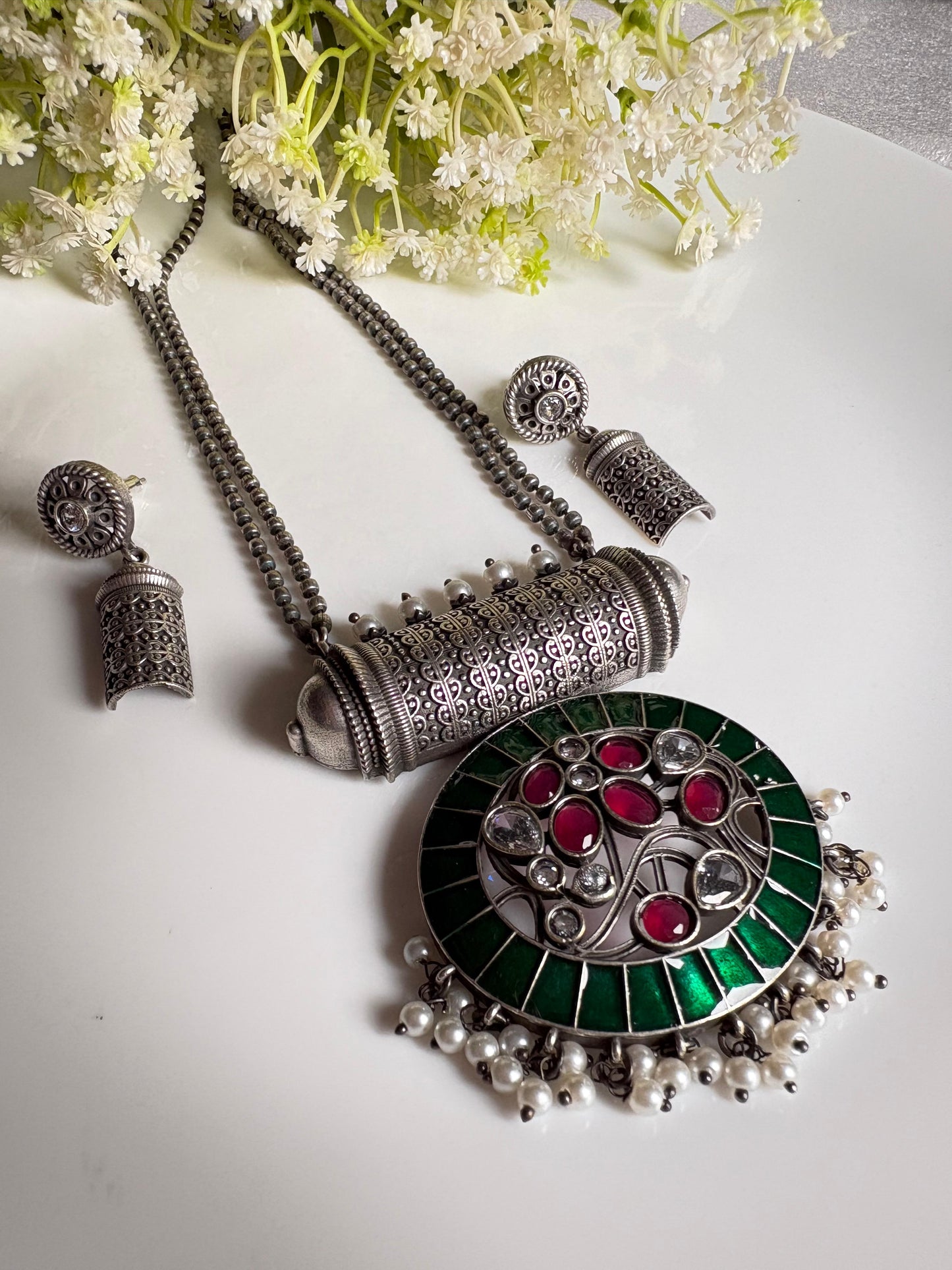 Rajat Vanya Premium SLA Pendant Set with Earrings | Oxidised Silver Look Indian Jewellery