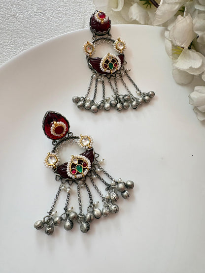 Tribal Kundan Fusion Earrings | Silver Look Alike Polish | Handcrafted Brass Base with Pearl & Stone Detailing – Available in Pink, Red & Green