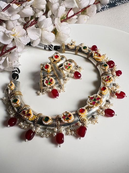 Ratnaprabha Dual Tone Fusion Pachi Kundan Hasli Necklace Set with Earrings | Premium Brass SLA Hasli | Alankrent Luxe