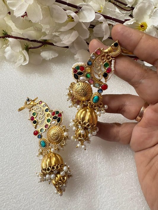 Mayura Ratnavalli Heritage Ear Cuffs
|Temple Gold Long Designer Jhumka Ear Cuffs with Intricate Filigree & Pearl Drops