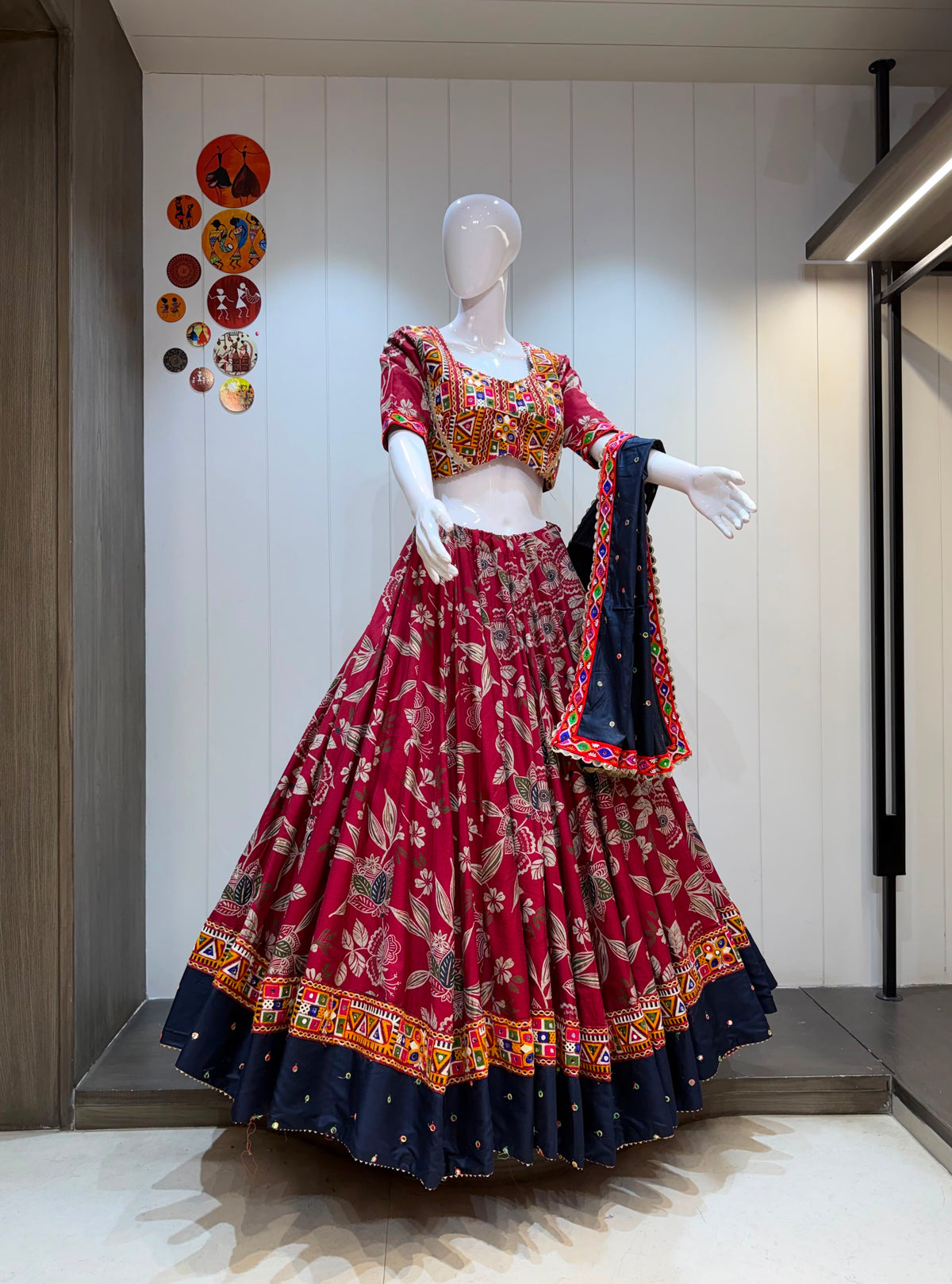 Rajwadi Gamthi Chaniya Choli in Gaji Satin with Embroidered Cotton Dupatta