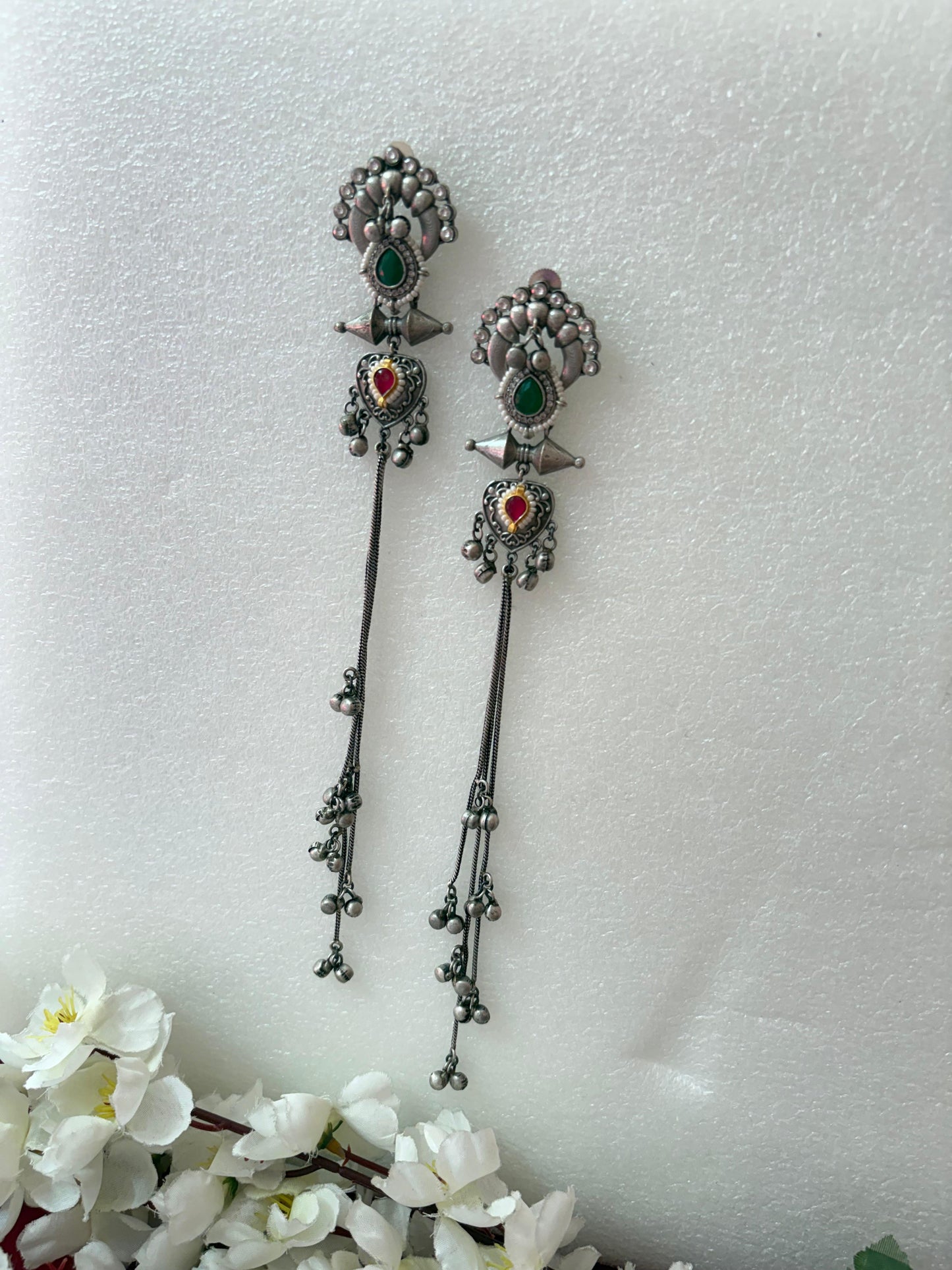 Tribal Long Chain Earrings with Coloured Stones | Festive Latkan Jewellery