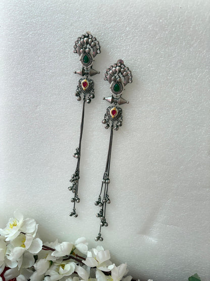 Tribal Long Chain Earrings with Coloured Stones | Festive Latkan Jewellery