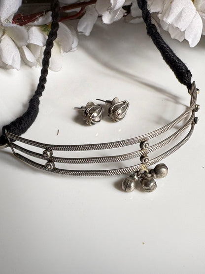 Ragini Antique Silver Layered Ghungroo Choker Necklace | Adjustable Ethnic Statement Necklace