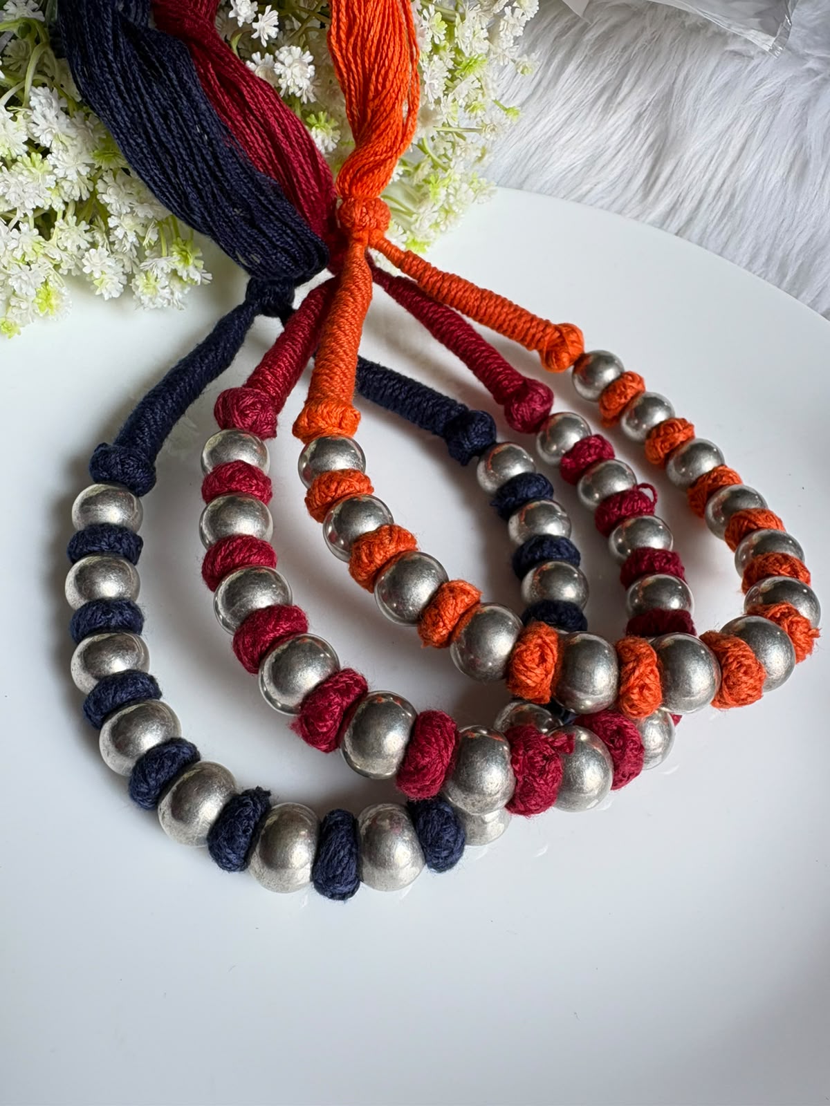 Vamika Sutra Handmade Thread Necklace with Silver-Tone Beads | Traditional Indian Ethnic Jewellery