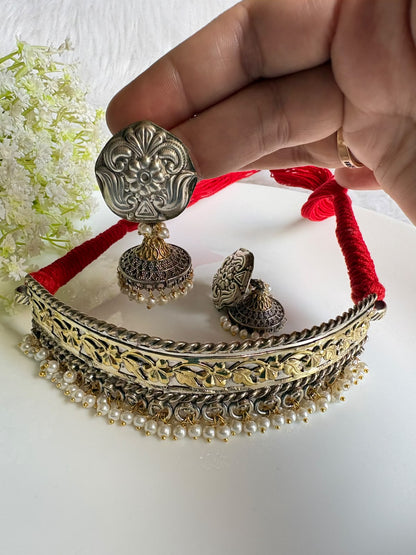 Rajsi Dhara Dualtone Thread Hasli with Pearl Detailing & Earrings | Navratri Jewellery