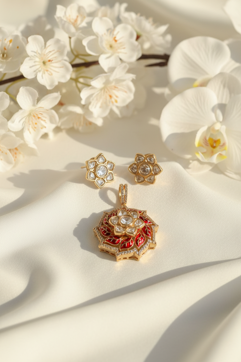 Original Moissanite Kundan Pendant Set | Luxury Without Chain | Alankrent DS391