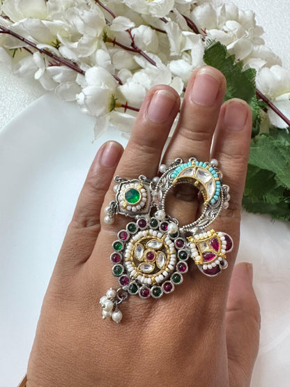 Inara Dual-Tone Kundan Statement Ring | Buy Designer Rings Online