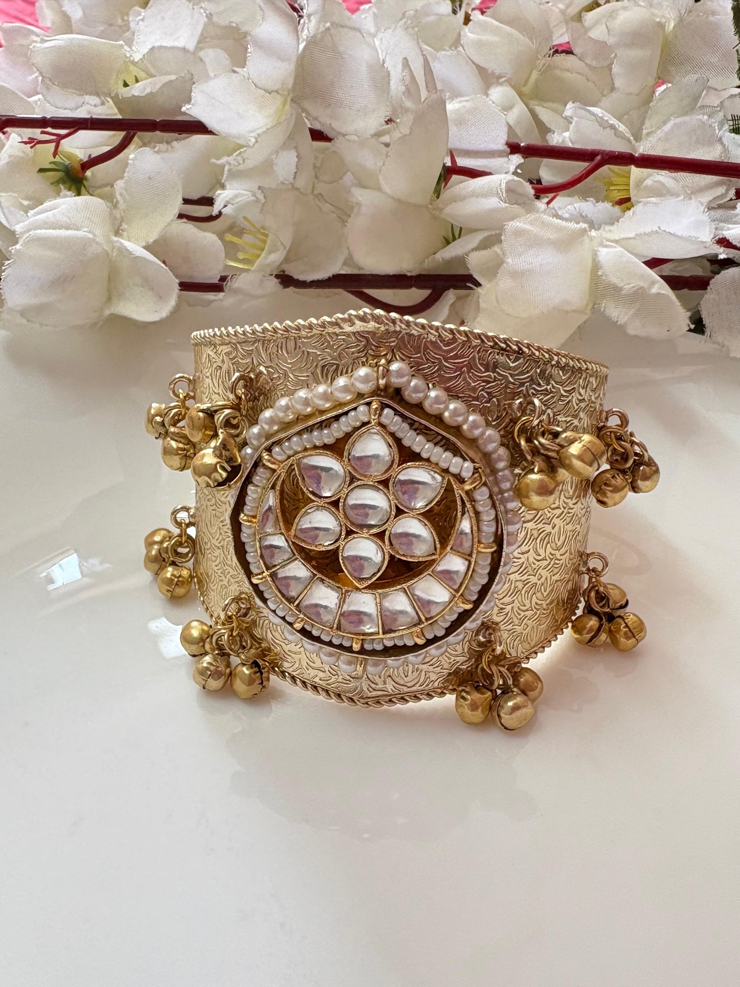 Broad Gold Kundan Handcuff with Ghungroos - Meenakari Kada